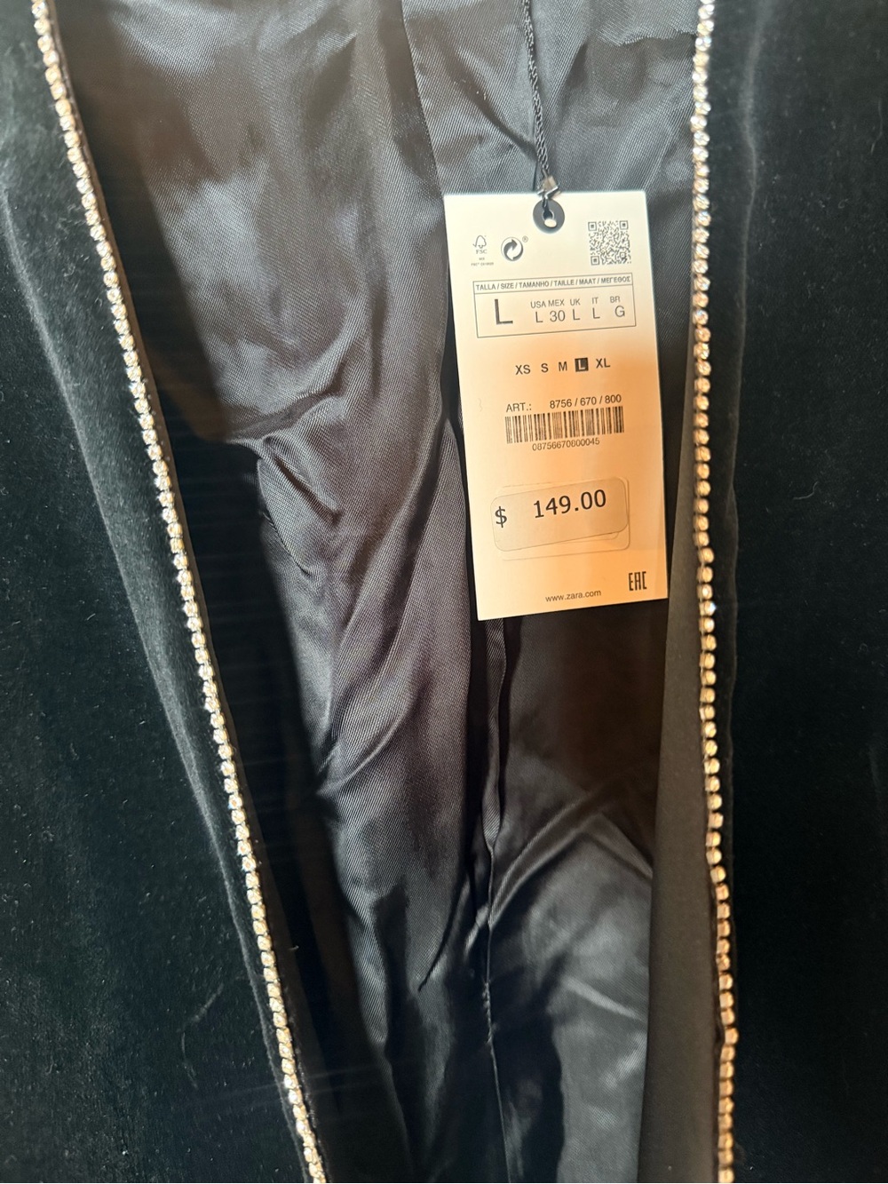 NWT Zara Black Velvet Blazer with Silver rhinestone Piping size Large - Picture 6 of 9